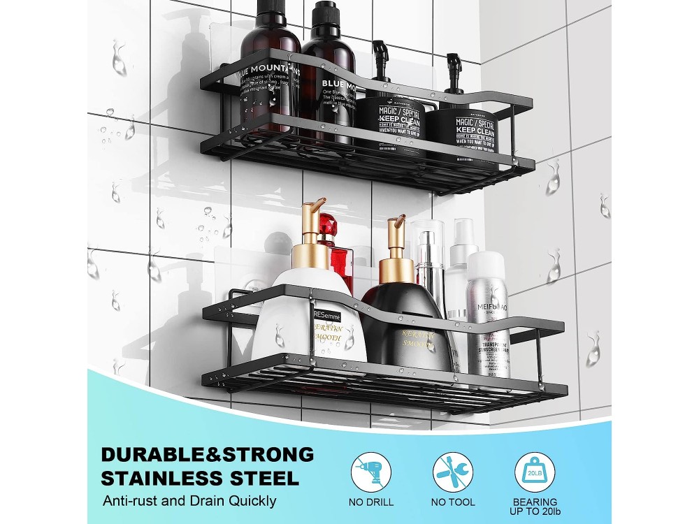 AJ 2-Pack Shower Caddy, Θήκη Οργάνωσης Ειδών Μπάνιου Επιτοίχια, Σετ των 2τμχ με 4 Hooks, Μαύρη